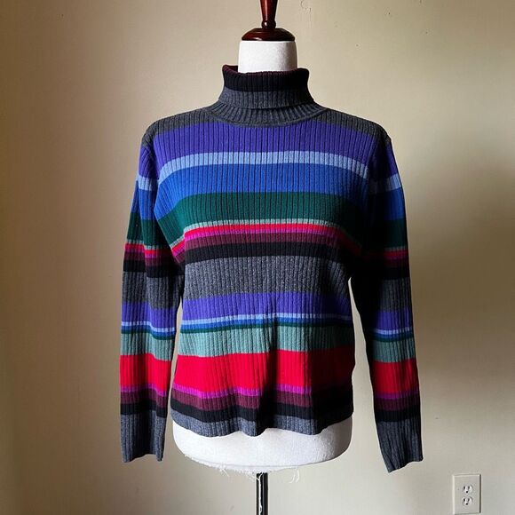 Vintage Y2K Rainbow Stripe Turtleneck Sweater 90s Colorful Ribbed Cotton Medium - Picture 1 of 8